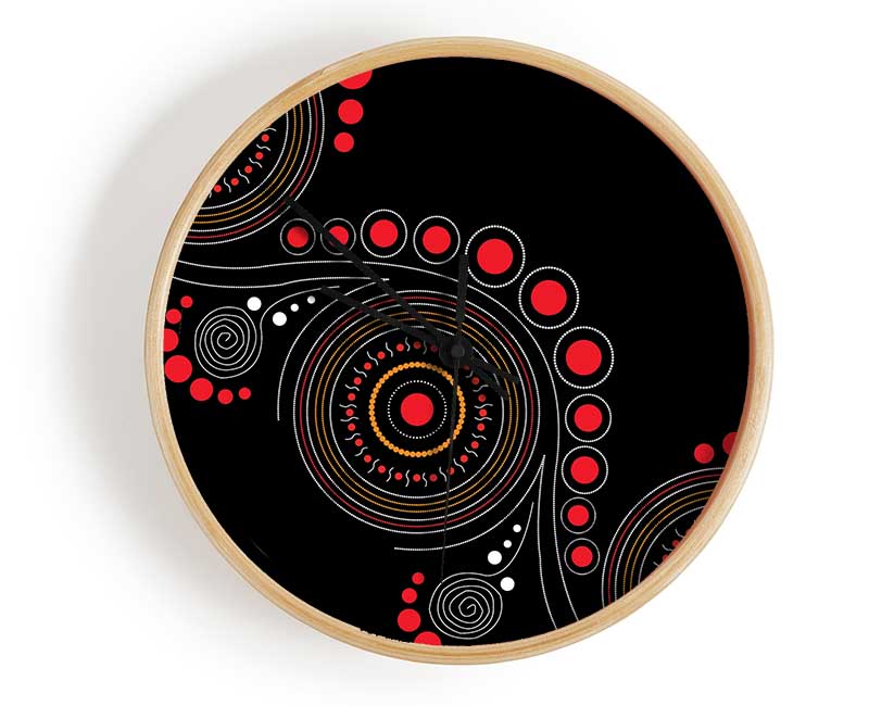 Aboriginal Pattern 12 clock made from natural bamboo with a round face and intricate design.